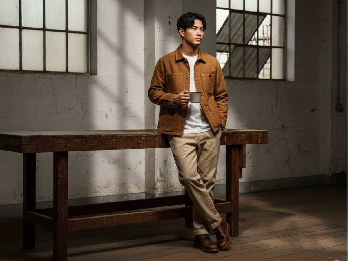 Áo khoác chất liệu canvas, quần kaki và áo thun
