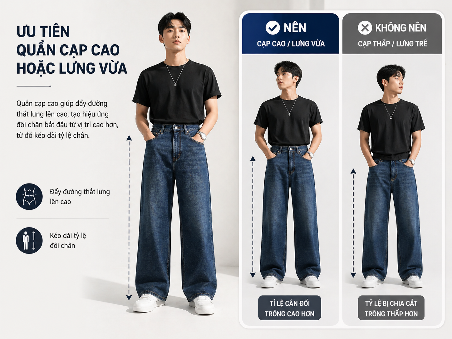 Chọn quần jeans ống rộng đúng giúp bạn trông cao hơn