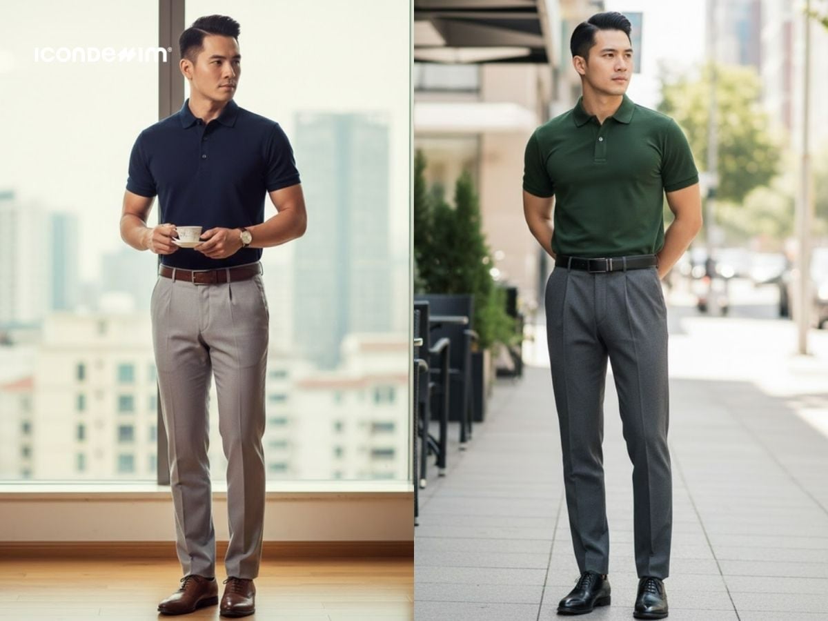 Nếu bạn muốn một outfit chỉn chu thì có thể chọn áo polo phối cùng quần âu