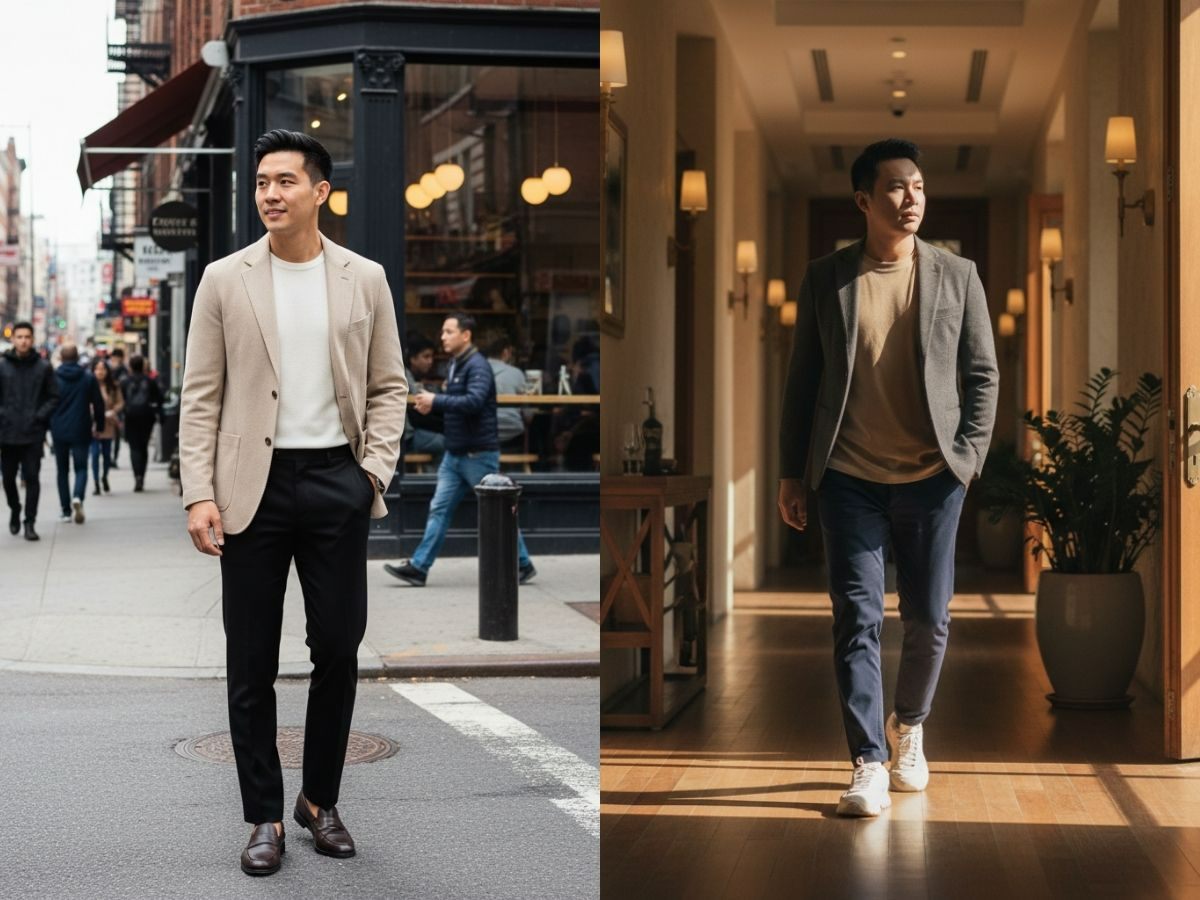 Nam mặc blazer be không đệm vai, áo knit tee trắng, quần straight đen và giày loafers