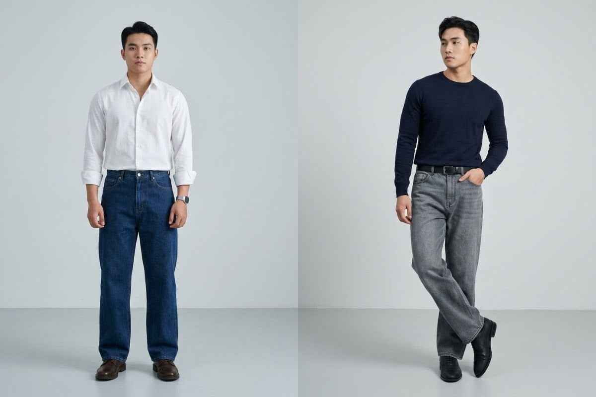 Giày derby và oxford phối với quần jean ống rộng nam