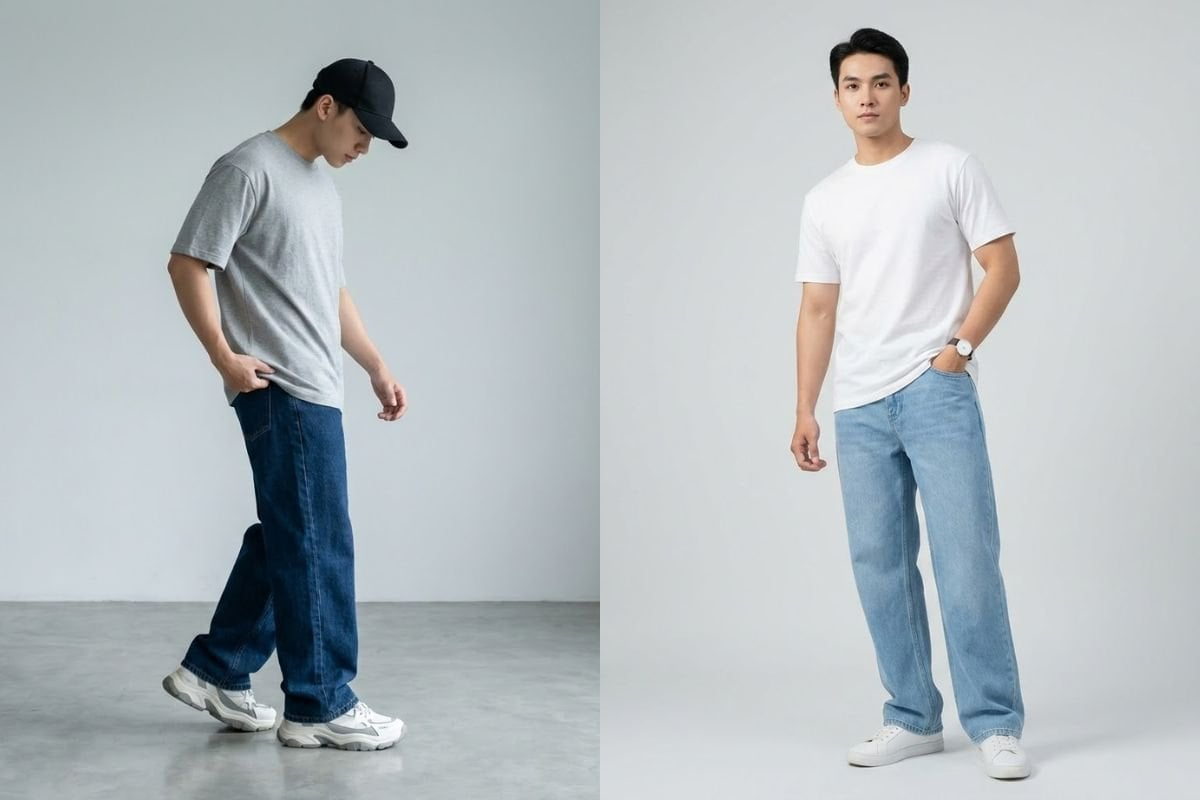 Giày sneaker phối với quần jean ống rộng nam