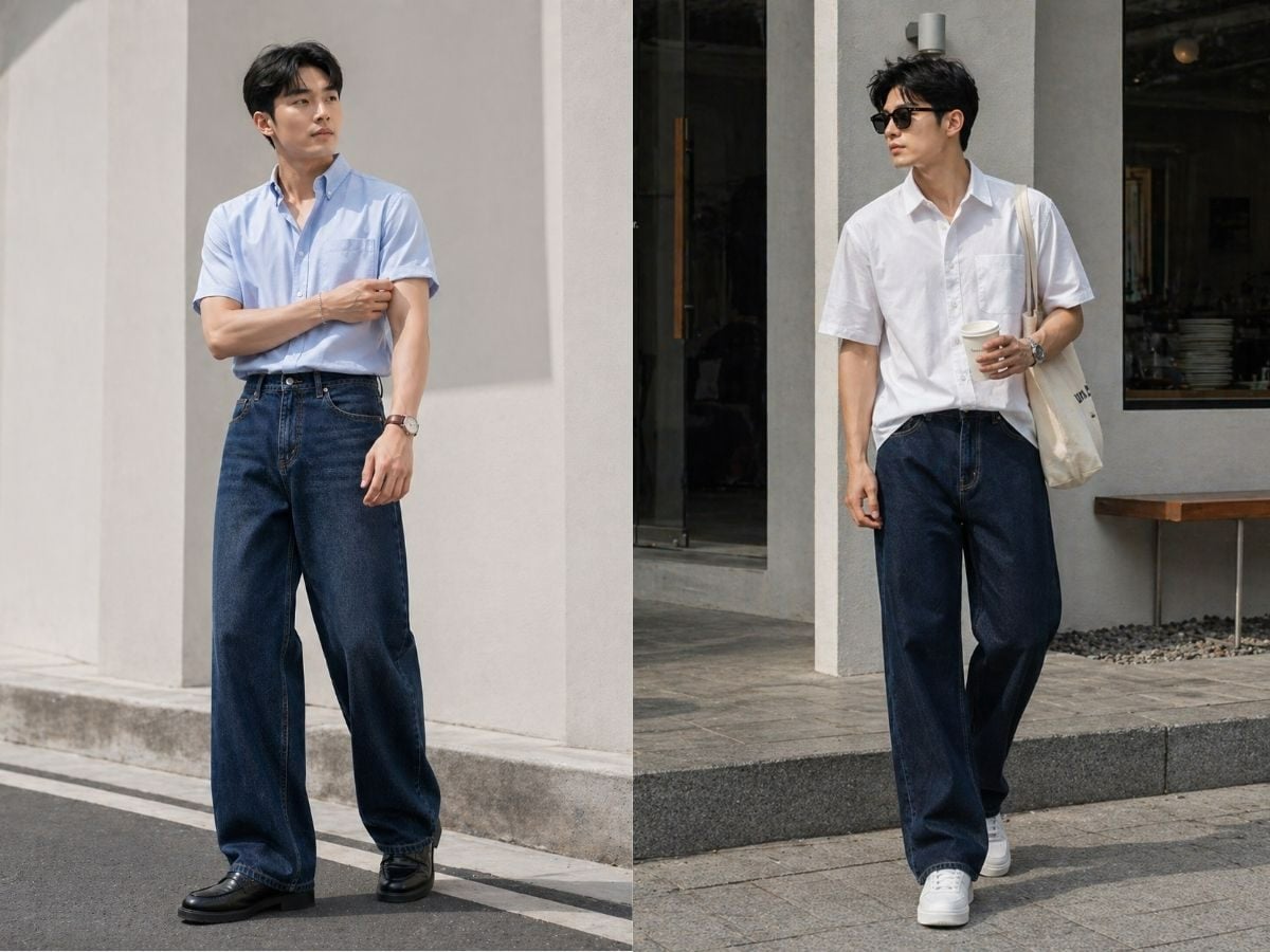 Mix and match quần jeans ống rộng và áo sơ mi cho nam lùn