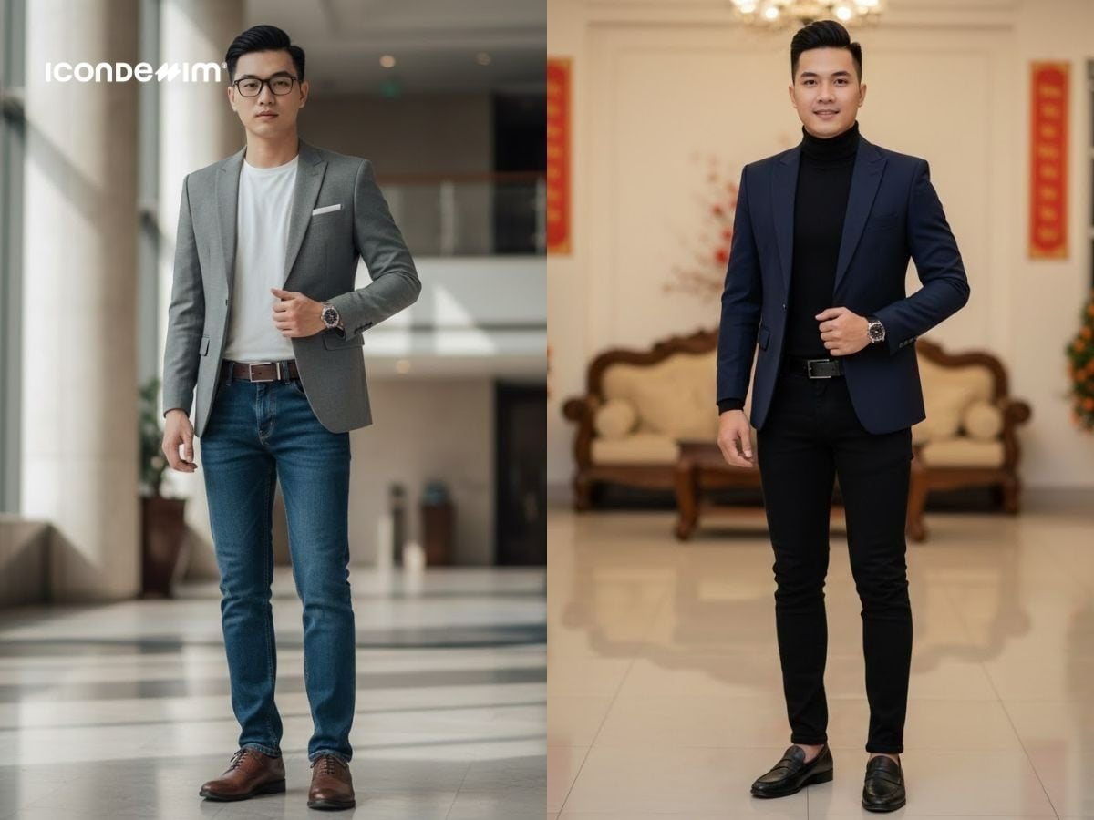 Quần jeans phối với blazer khi cần chỉn chu