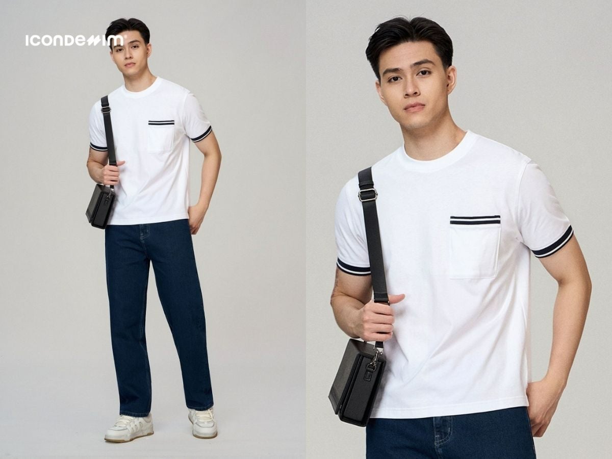 Áo thun viền với quần baggy trẻ trung, thoải mái