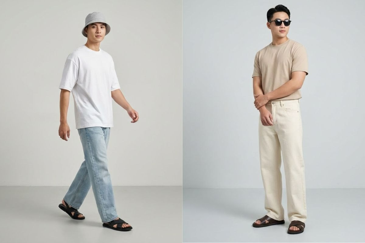 Giày sandals và dép da phối với quần jean ống rộng nam