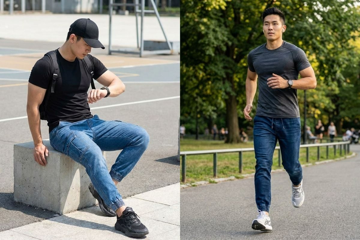 Sporty street với áo thun co giãn và jean jogger