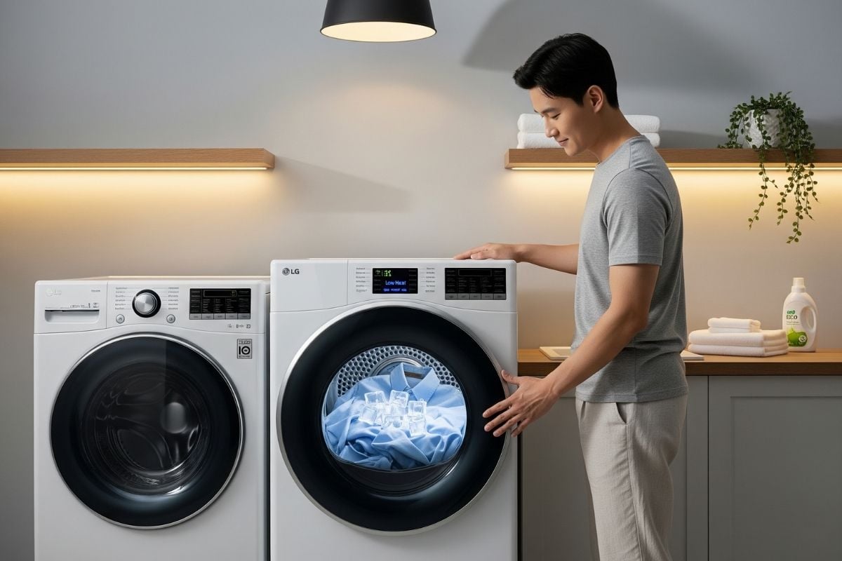 Cách làm phẳng quần áo bằng đá viên bỏ vào máy sấy