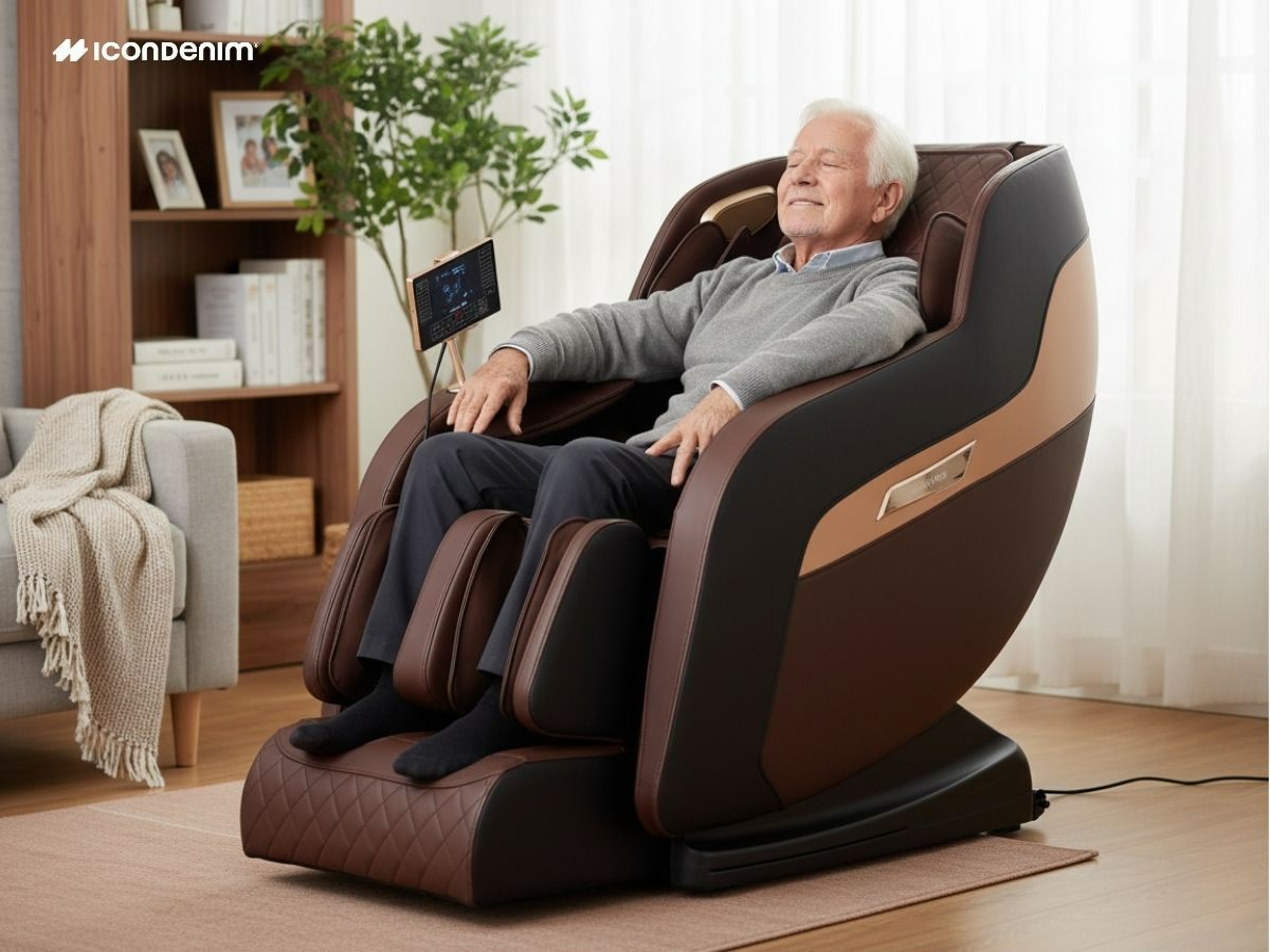 Ông sử dụng ghế massage tại phòng khách