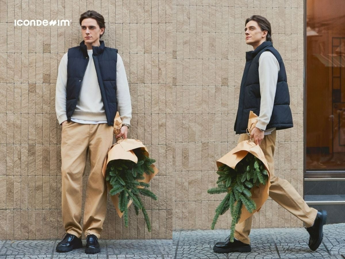 Phối áo phao gile ấm áp với sweatshirt và kaki