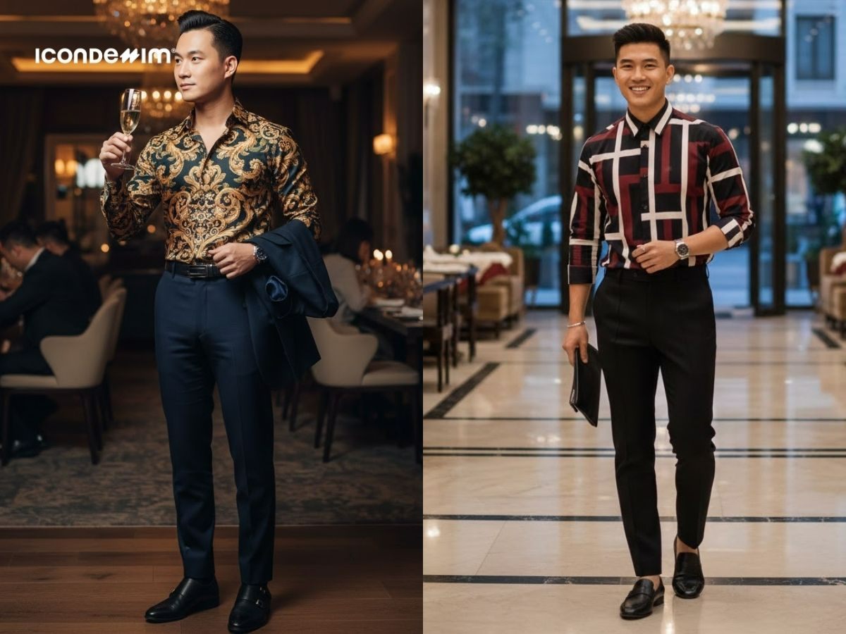 Phối áo sơ mi họa tiết và quần tây cho tiệc tất niên ngoài trời thoải mái