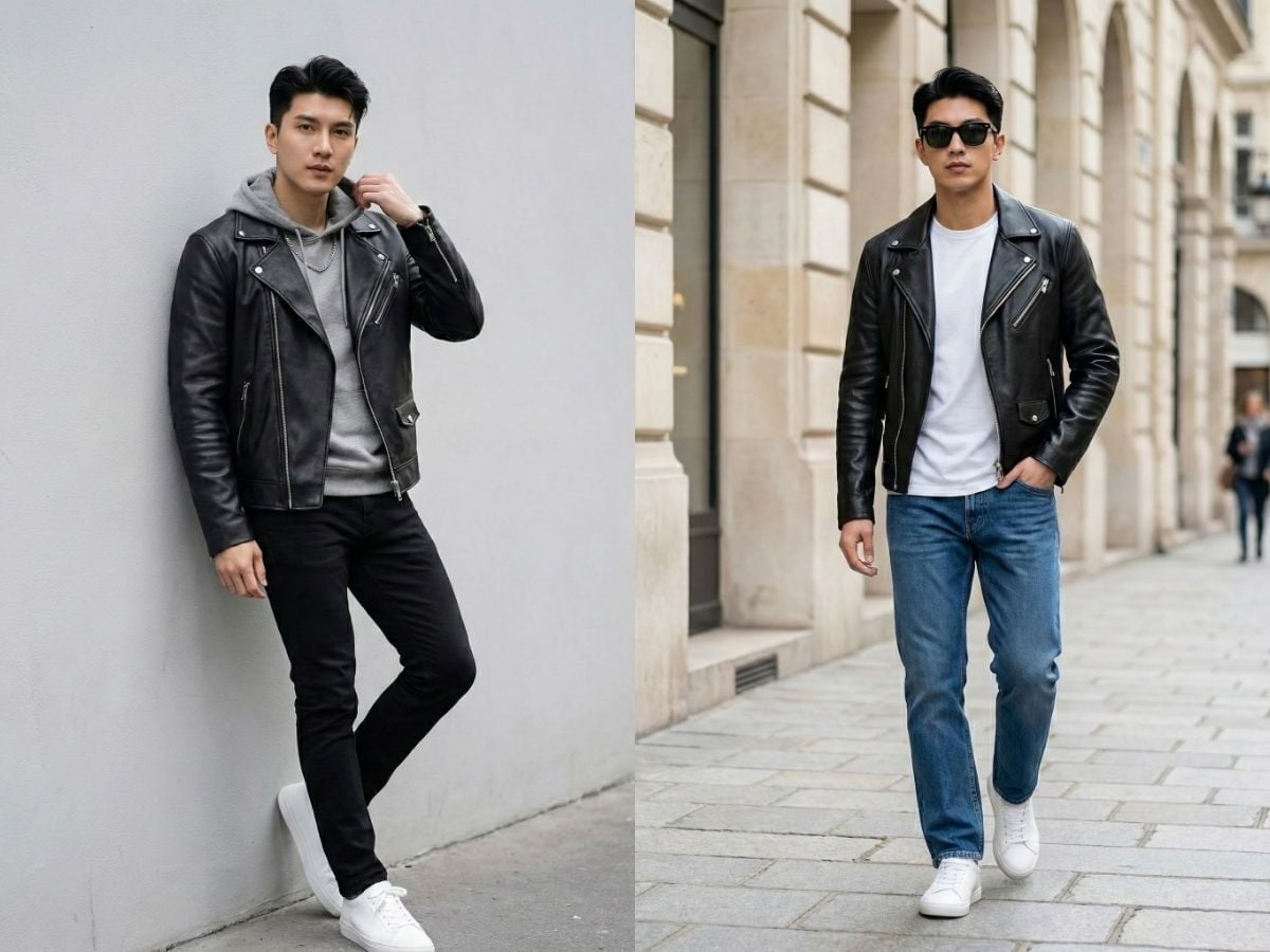 Phối đồ mùa thu áo khoác da quần jeans