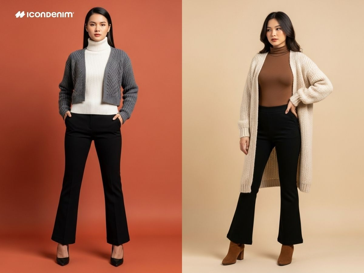 Quần ống loe đen phối với áo cardigan hoặc áo len cổ lọ