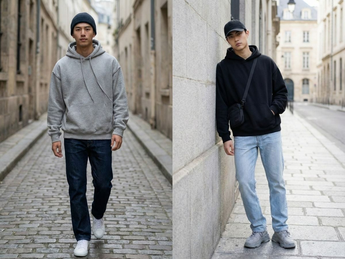 Jeans ống đứng và hoodie oversize phong cách streetwear
