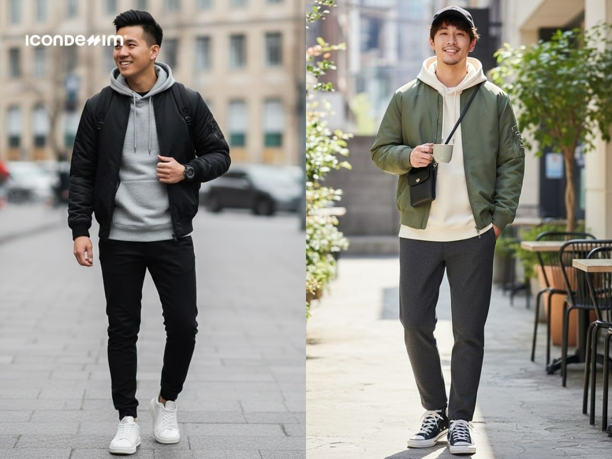 Áo hoodie nỉ kết hợp với bomber cho những ngày se lạnh