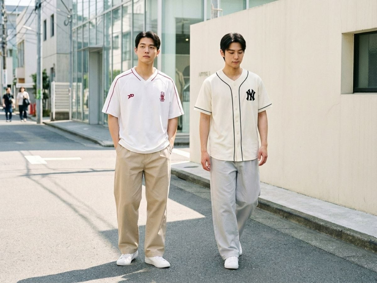 Áo thun bóng chày phối quần rộng hiện đại