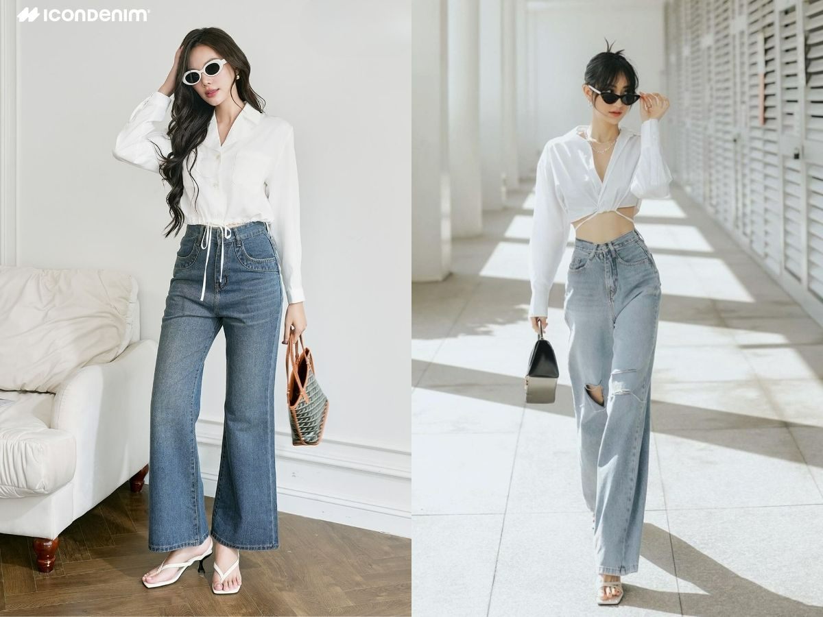 Phối áo sơ mi cùng quần jeans ống loe nữ