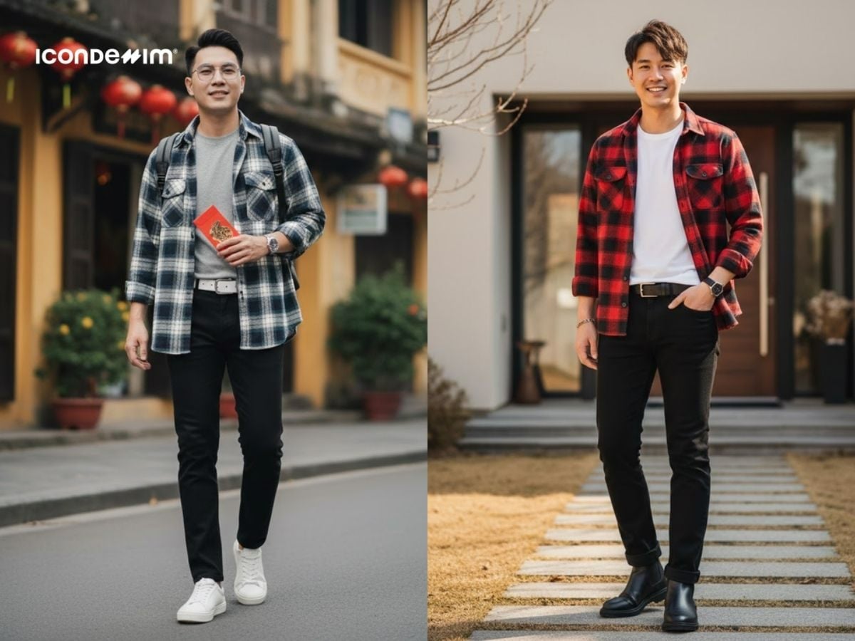 Trẻ trung với áo sơ mi flannel với quần jeans đen