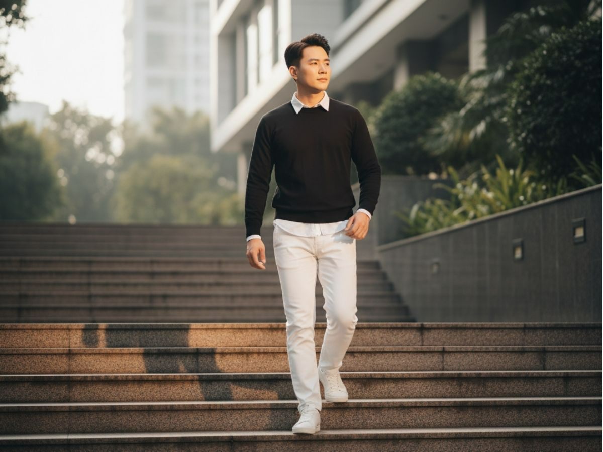 Layering tinh tế với áo sweater, áo sơ mi và quần jeans trắng