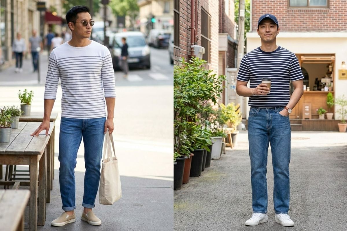 Weekend look với áo thun sọc và jean xanh trung tính