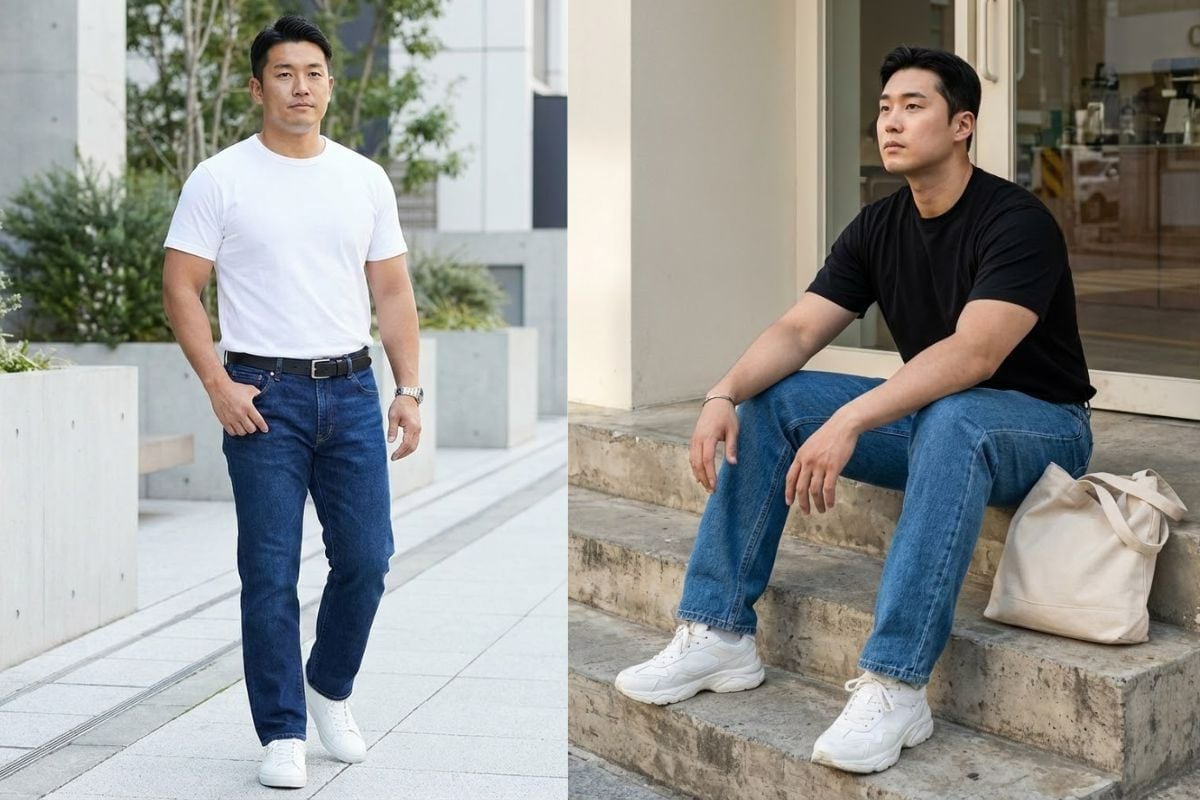 Phong cách basic với áo thun trơn và quần jean ống suông