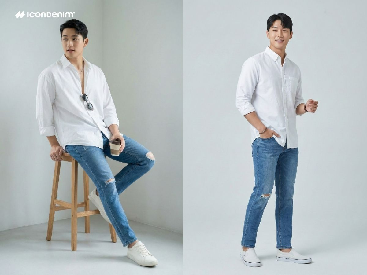 Áo sơ mi quần jeans xanh phong cách Hàn Quốc