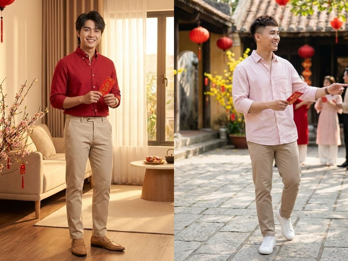 Phối đồ đi chúc Tết vui tươi với áo sơ mi đỏ và quần chinos
