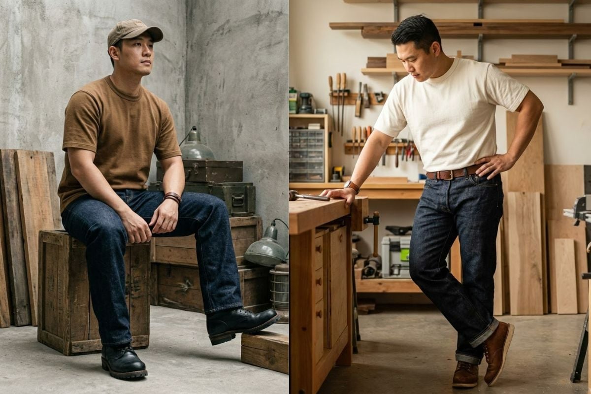 Workwear chic với áo thun dày cotton và jean raw