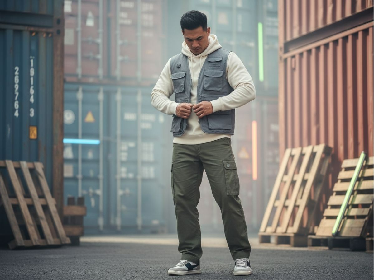 Phối áo gile và quần cargo phong cách workwear hiện đại
