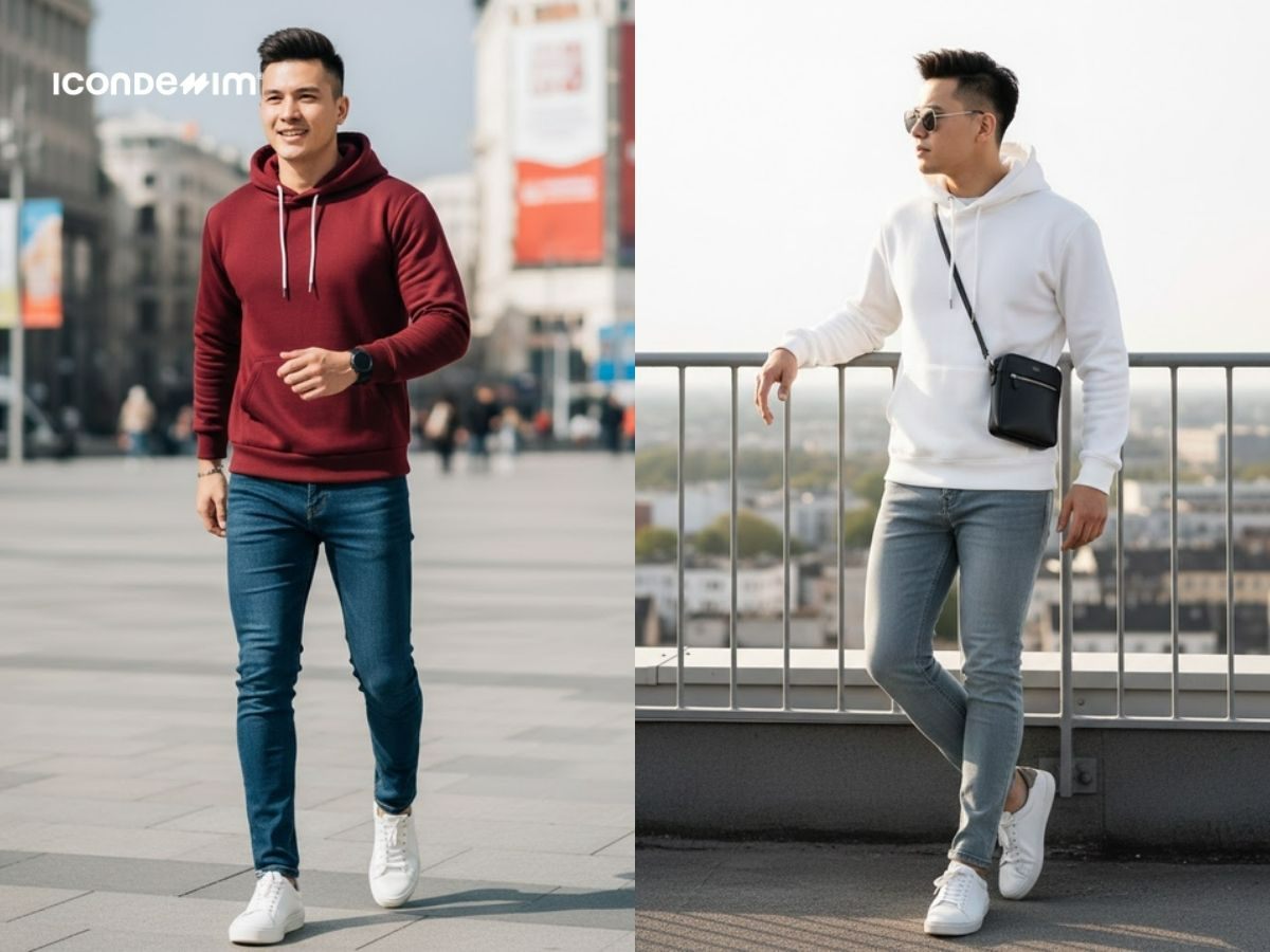 Phối áo hoodie với quần jean slim-fit tạo nên sự trẻ trung, năng động
