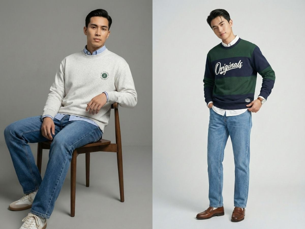 Quần jean suông với sweater và sơ mi layer