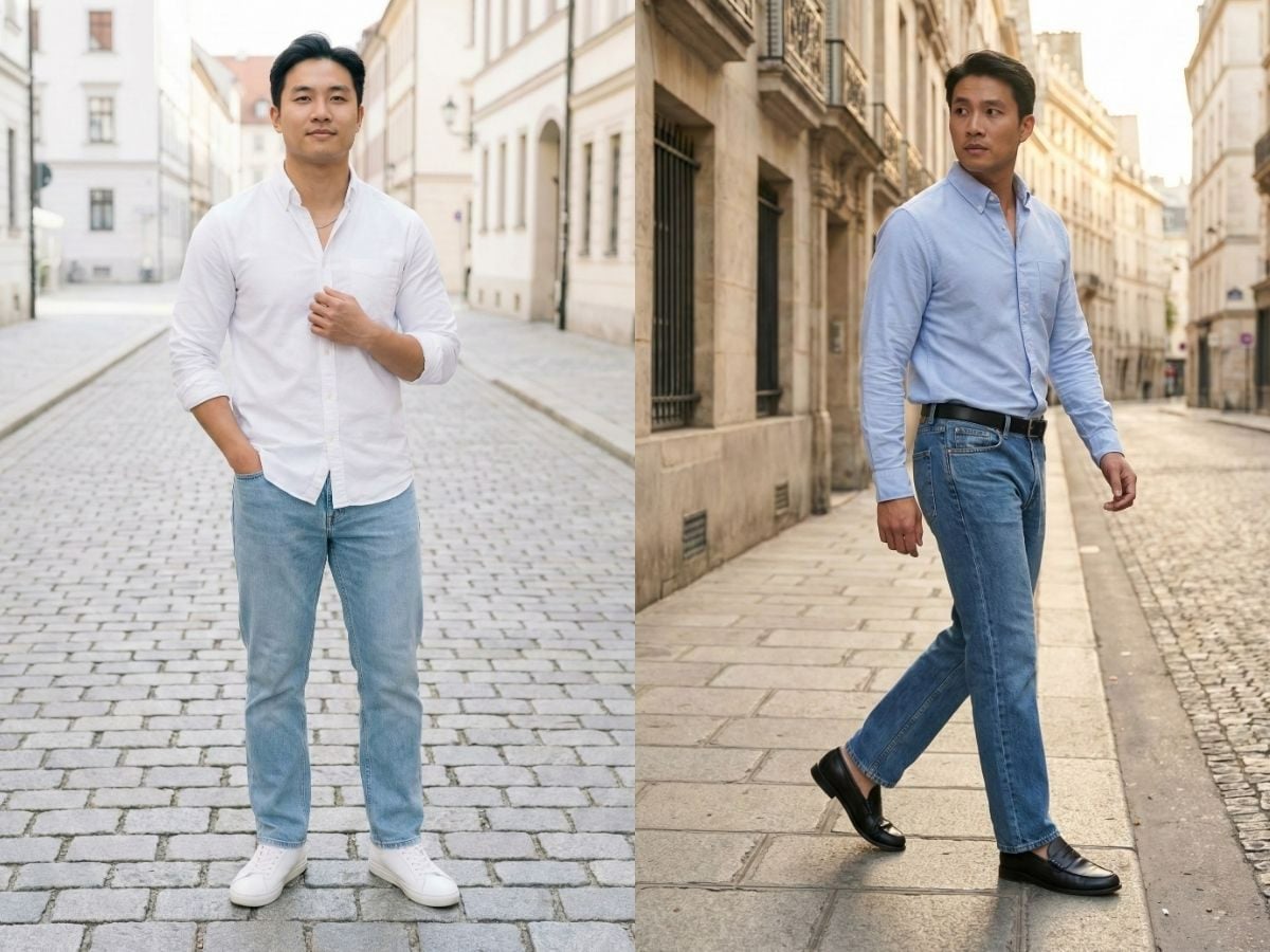 Jeans ống đứng với áo sơ mi oxford
