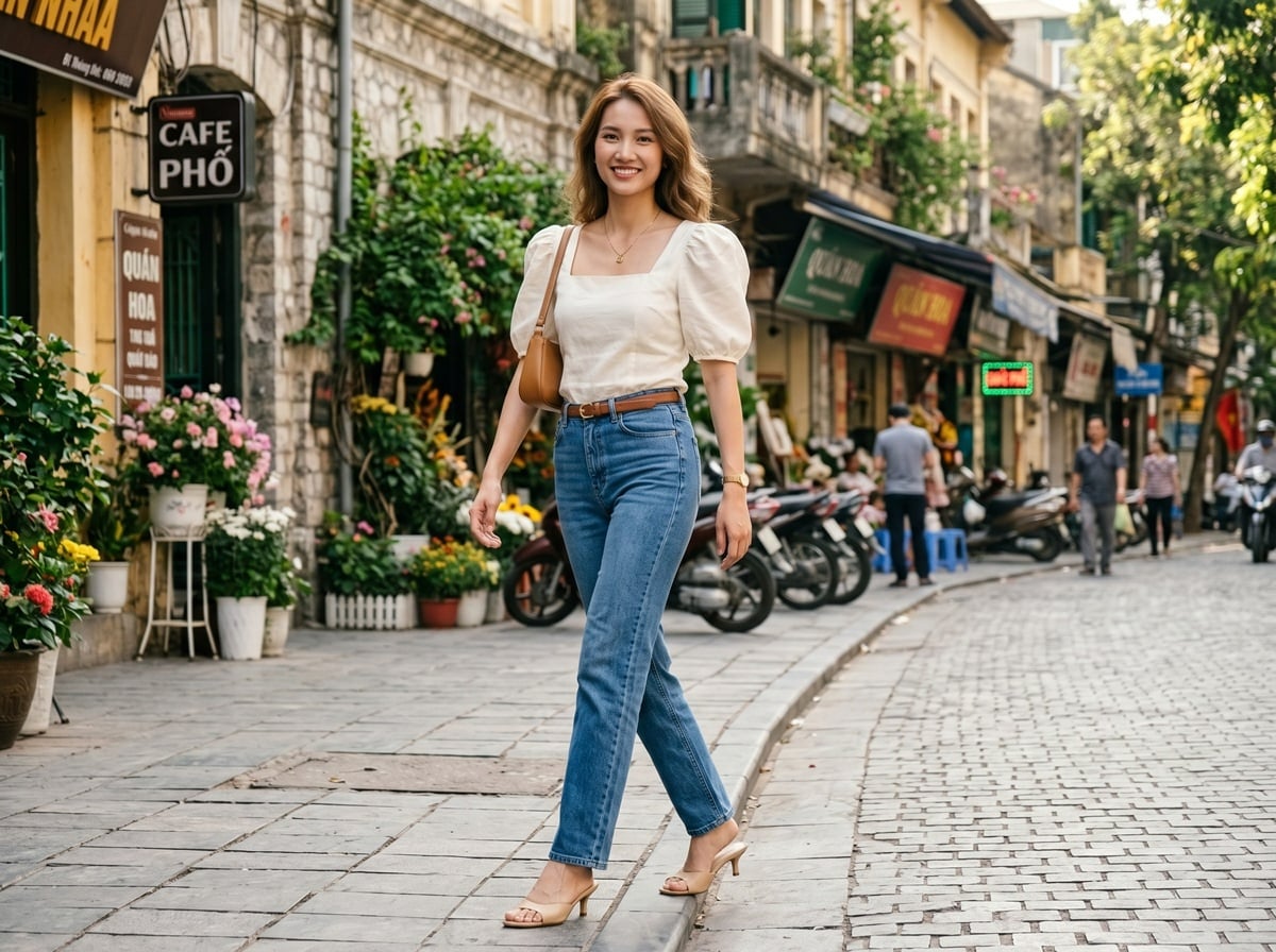 Quần jean ống suông mix áo blouse nữ tính