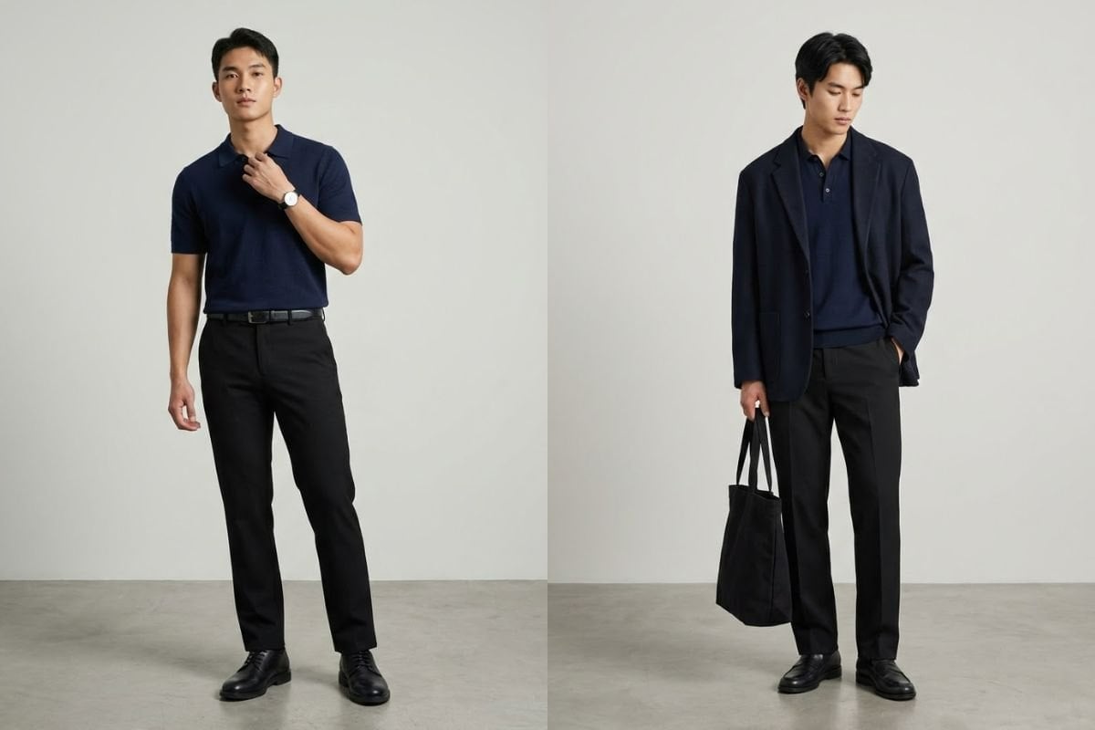 Knit polo màu navy và quần tây đen