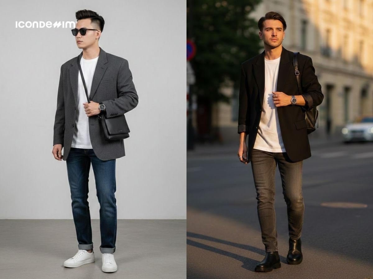 Phối đồ phong cách smart casual với áo blazer, áo thun và quần jeans