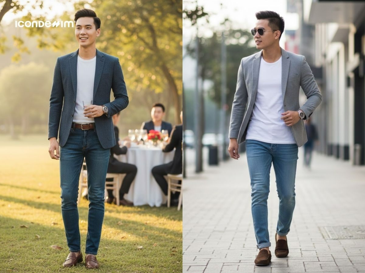 Theo đuổi phong cách smart casual với áo blazer, áo thun và quần jeans