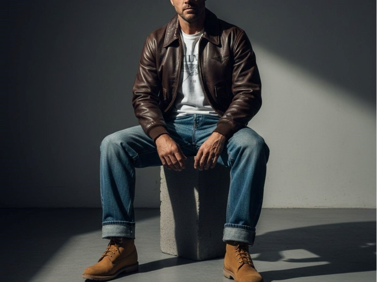 Retro style với áo da và quần jeans giày boots