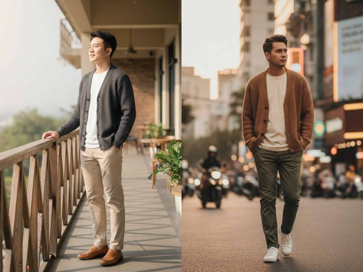 Phối áo cardigan len xám, áo thun trắng, quần kaki be và giày loafer nâu