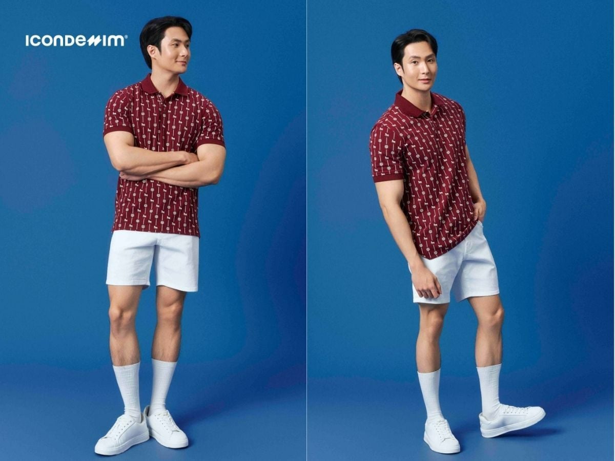 Phối áo polo màu đỏ với quần short jeans năng động