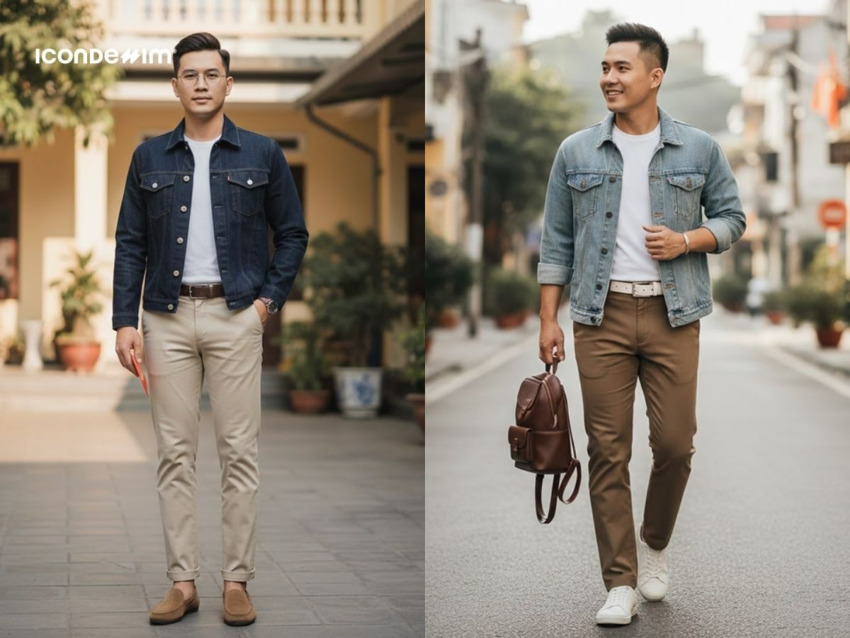 Mạnh mẽ, nam tính với áo denim và quần kaki