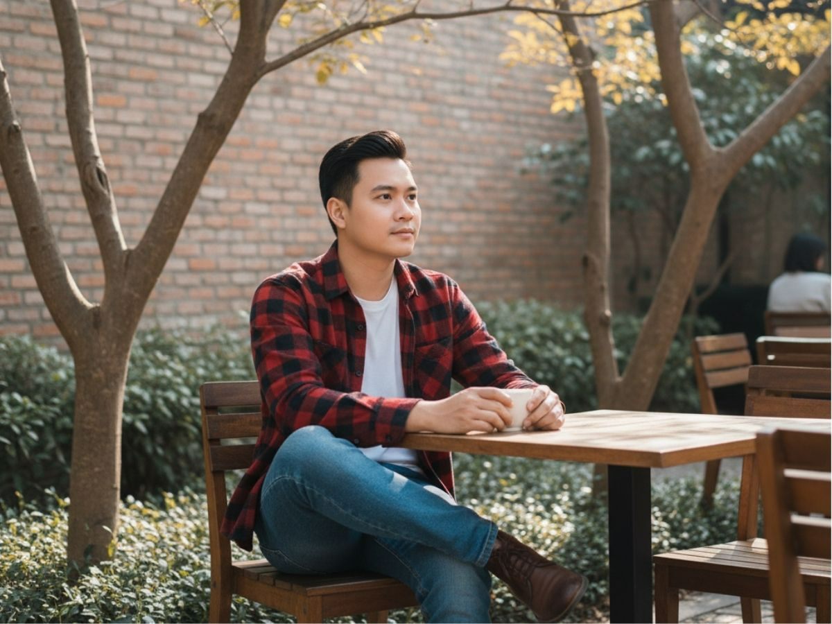 Nam mặc sơ mi flannel caro đỏ khoác ngoài áo thun trắng, phối quần jeans xanh và giày boots nâu