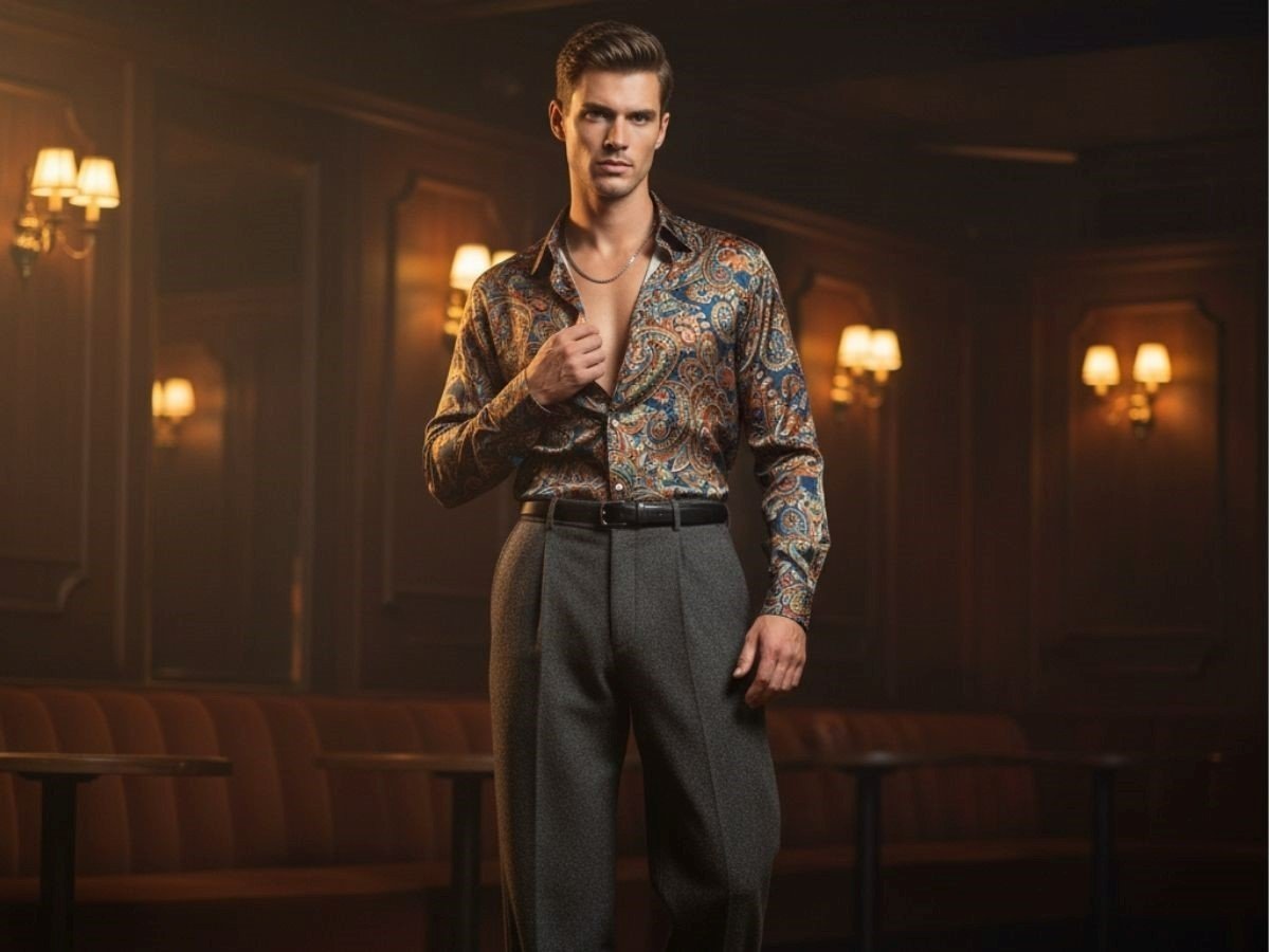 Áo sơ mi hoa paisley cùng quần tây ống rộng