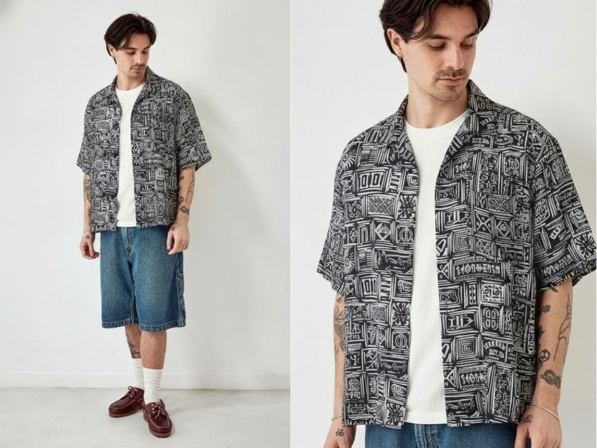 Áo sơ mi họa tiết Hawaii + short jeans loafer