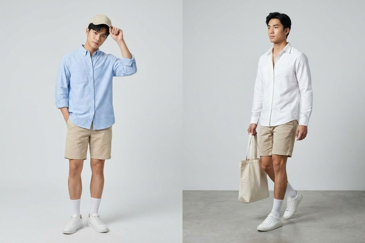 Phối áo sơ mi Oxford và quần short kaki trên gối