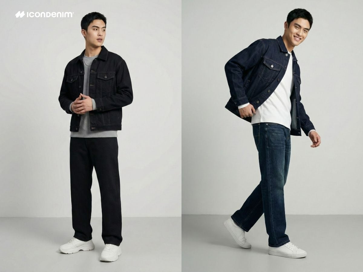 Mix quần ống rộng và áo khoác jeans