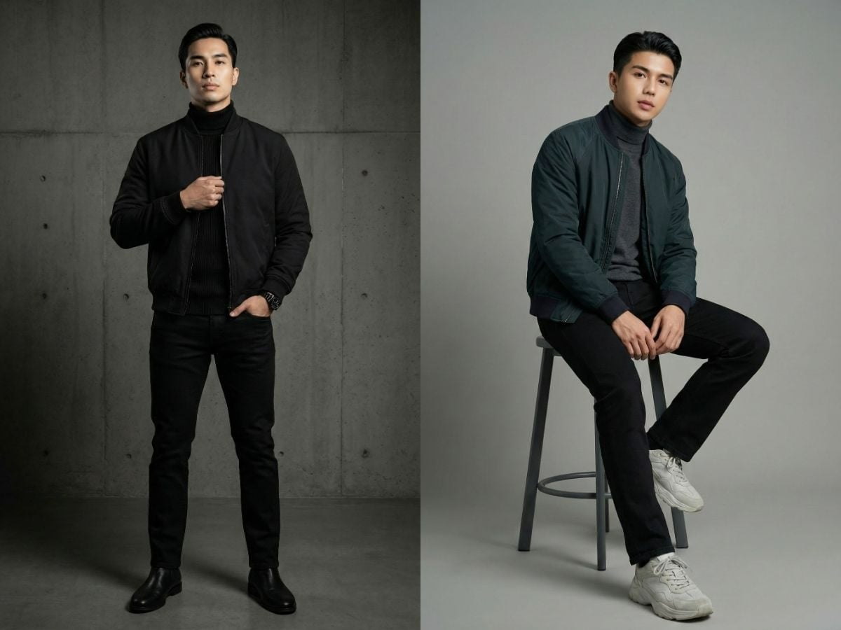 Quần jean đen với áo cổ lọ và áo khoác bomber