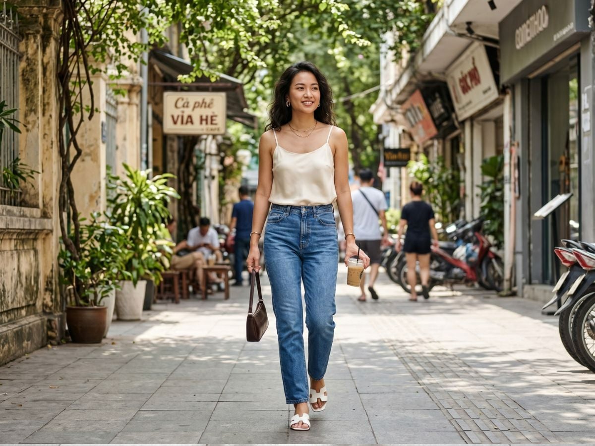 Quần jean ống suông mix áo hai dây thoáng nhẹ