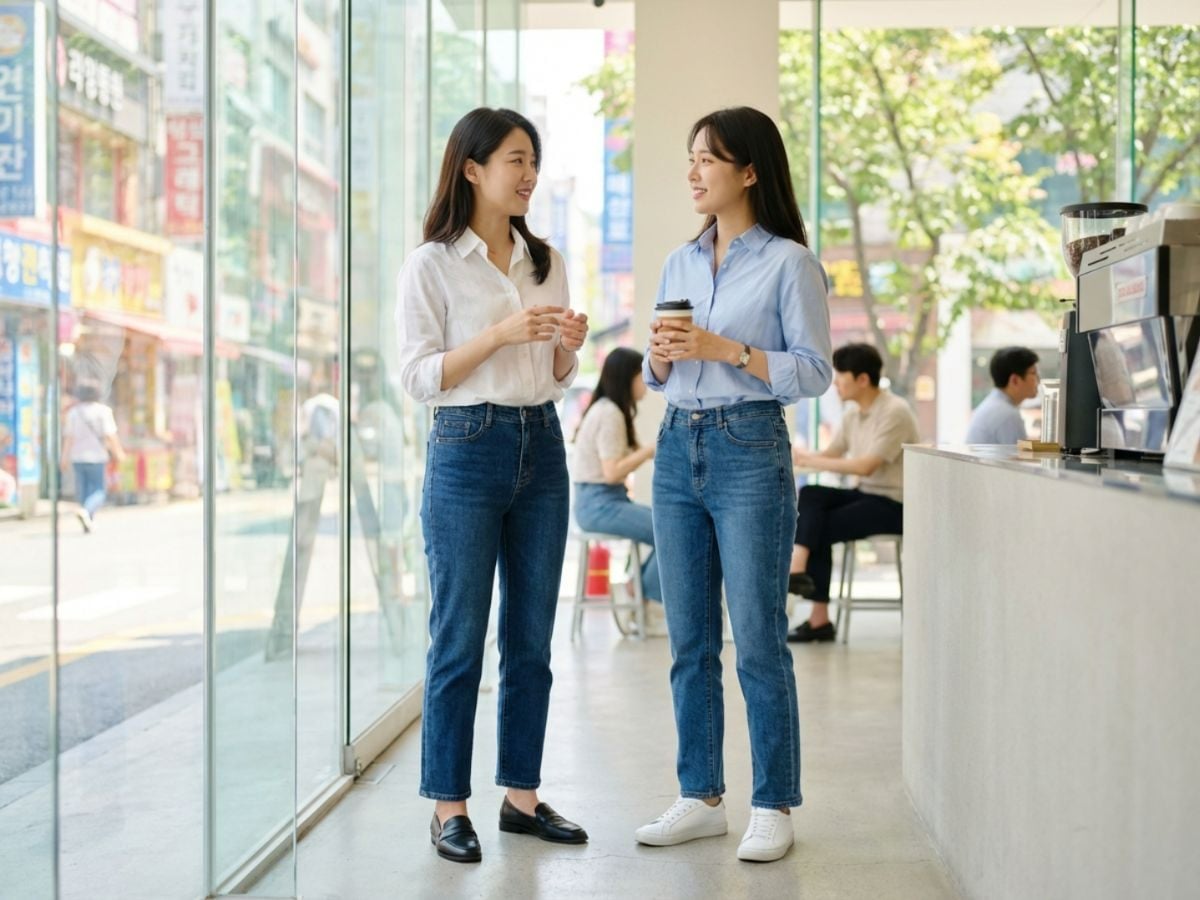 Quần jean ống suông phối sơ mi sơ vin cân đối