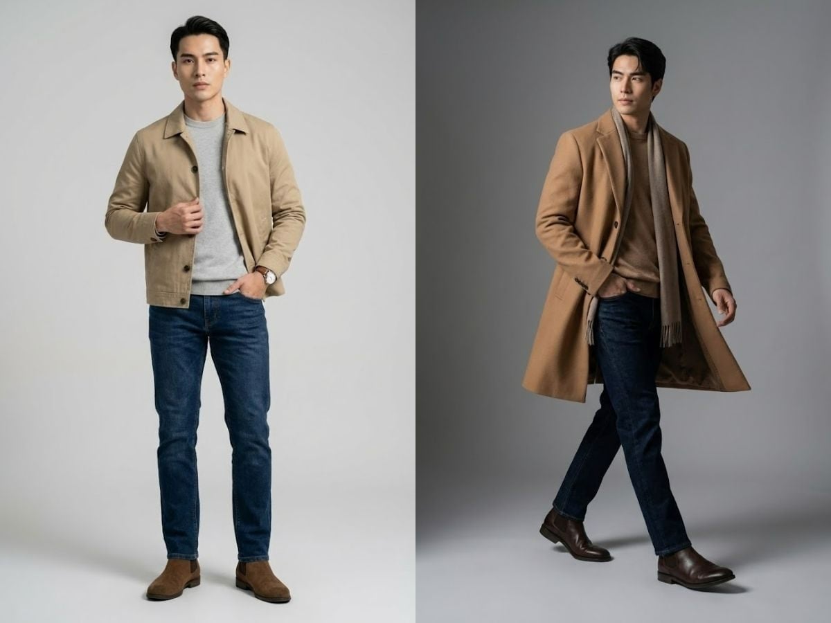 Quần jean với áo len cổ tròn và áo khoác kaki