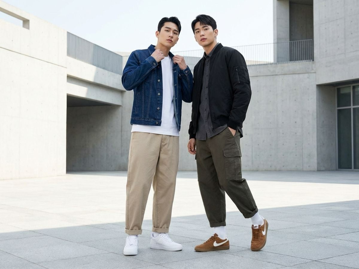 Quần baggy nam phối với áo khoác denim và bomber